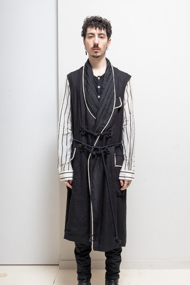 ANN DEMEULEMEESTER - SS19 Long vest with contrast piping, collar embroideries and rope straps (runway)