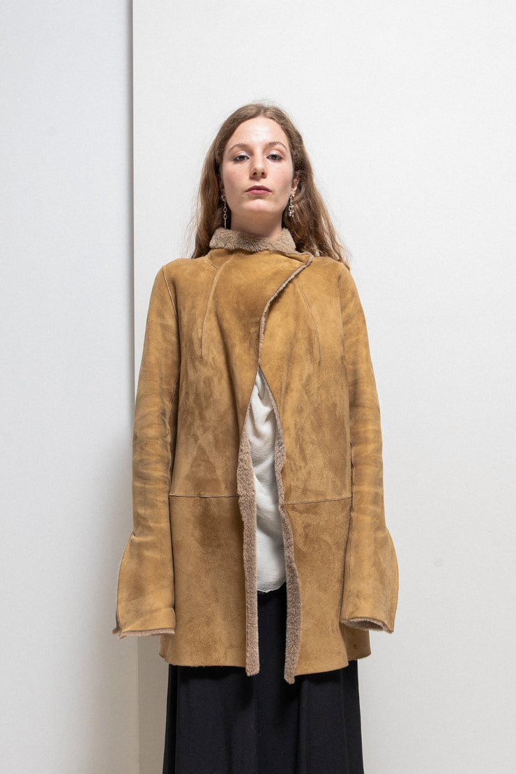 RICK OWENS FOR REVILLON - FW04 Shearling suede leather coat with cuff slits and collar closure