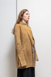 RICK OWENS FOR REVILLON - FW04 Shearling suede leather coat with cuff slits and collar closure