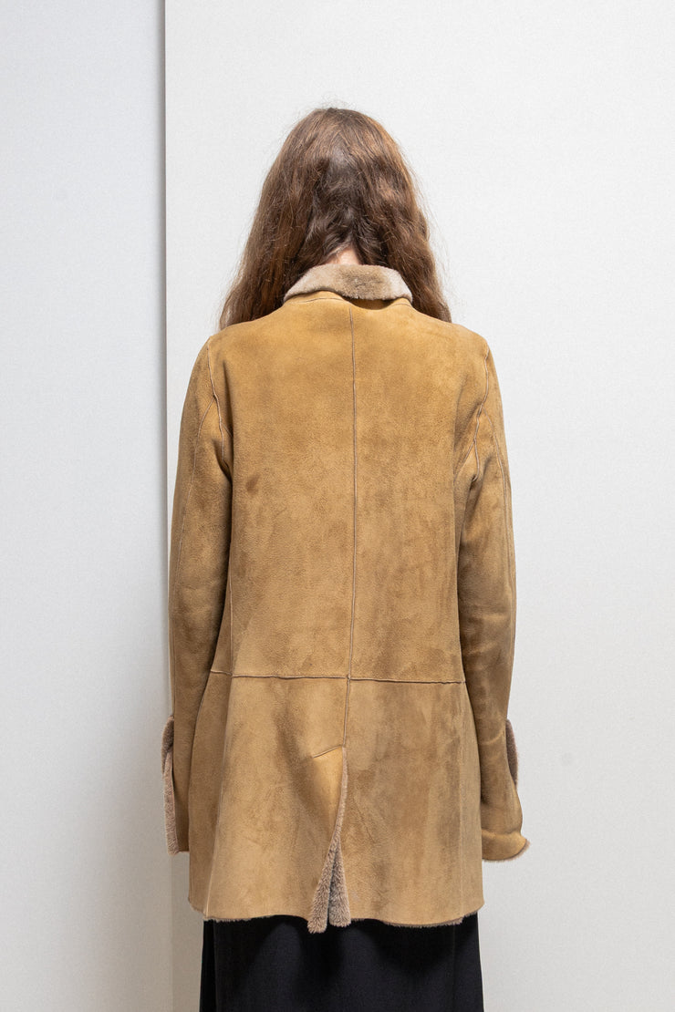 RICK OWENS FOR REVILLON - FW04 Shearling suede leather coat with cuff slits and collar closure