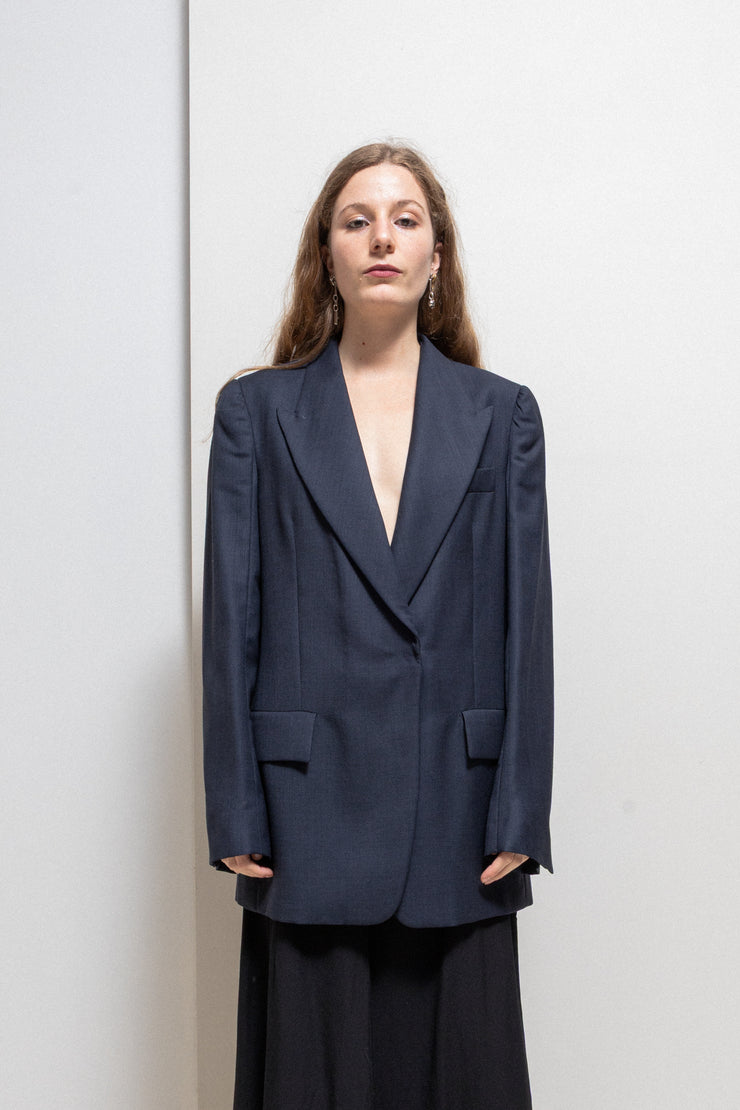 MARTIN MARGIELA - FW02 White label navy blazer jacket with cigarette shoulders