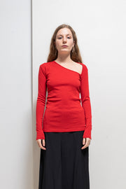 ANN DEMEULEMEESTER - FW96 Red wool top with v neck going sideward