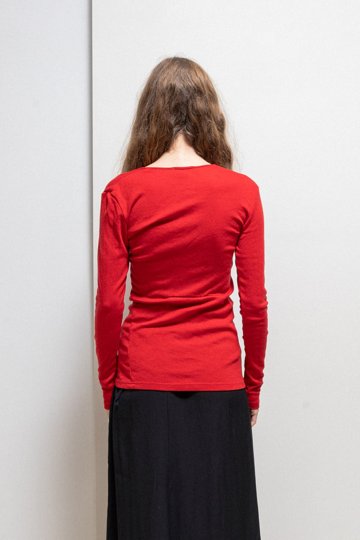 ANN DEMEULEMEESTER - FW96 Red wool top with v neck going sideward