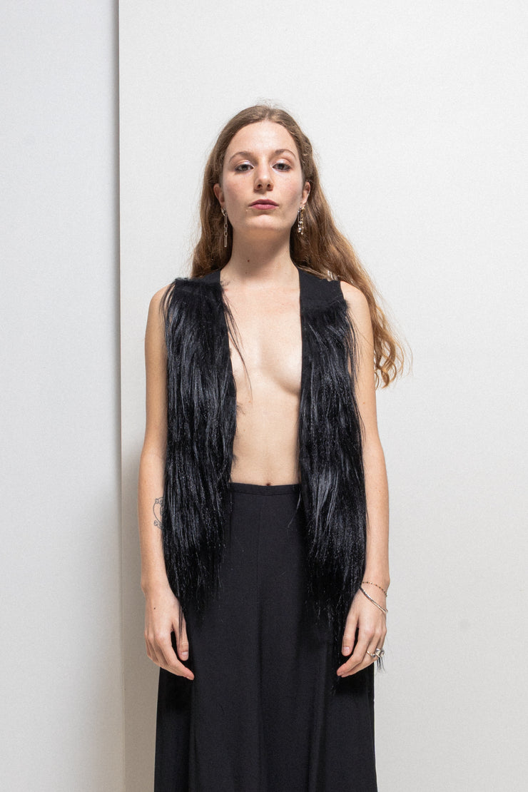 ANN DEMEULEMEESTER - Wool vest with long fur attached to front leather straps