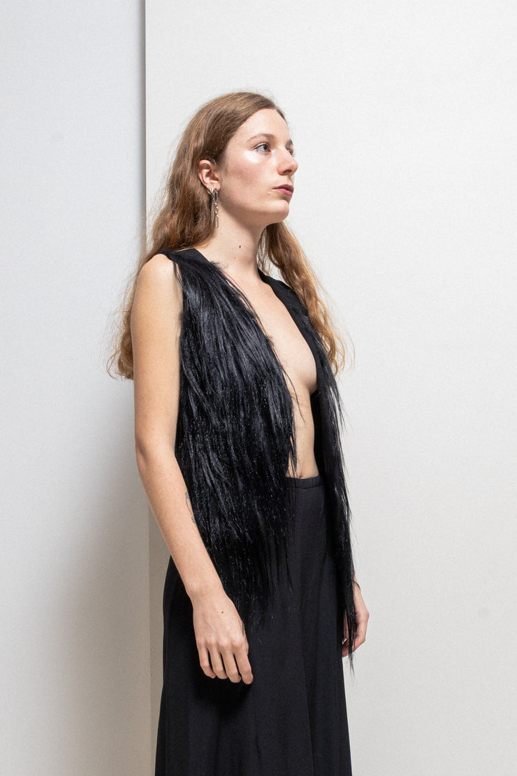 ANN DEMEULEMEESTER - Wool vest with long fur attached to front leather straps