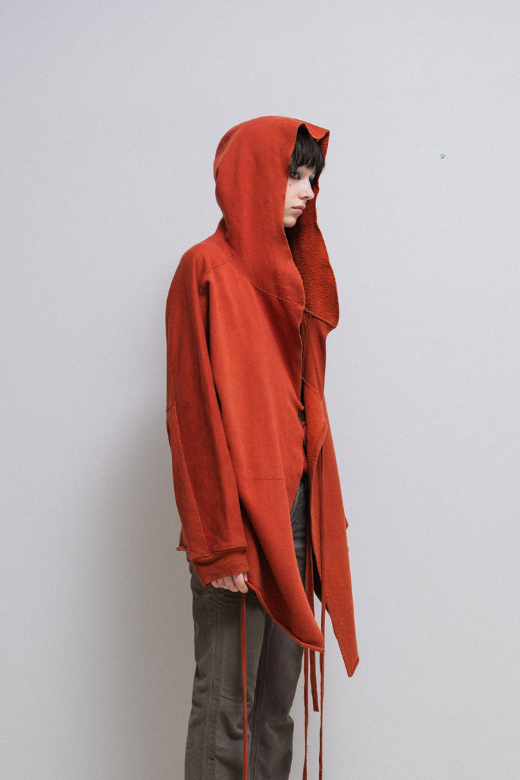 RICK OWENS SLAB - Bright orange red open hoodie with loose straps