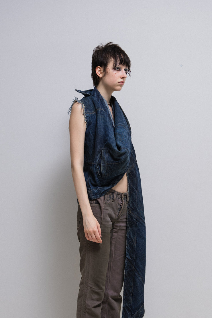 RICK OWENS SLAB - Sand washed dark blue sleeveless denim jacket (PROTO)