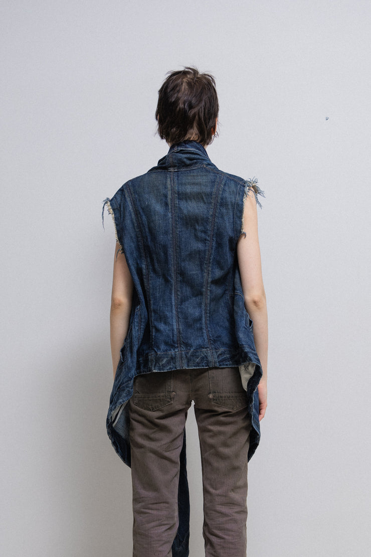 RICK OWENS SLAB - Sand washed dark blue sleeveless denim jacket (PROTO)