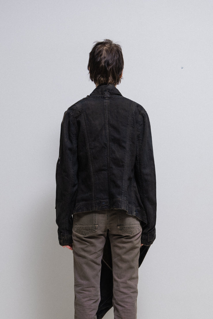 RICK OWENS SLAB - FW04 Black wax coated denim jacket with a long side panel (PROTO)