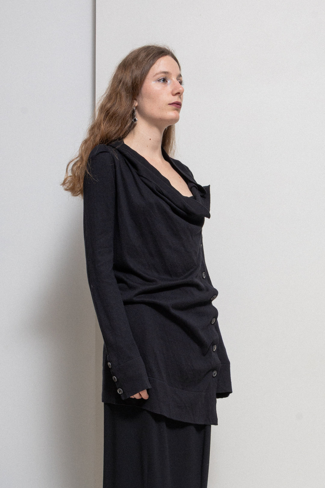 ANN DEMEULEMEESTER - FW08 Cotton and silk long cardigan with side