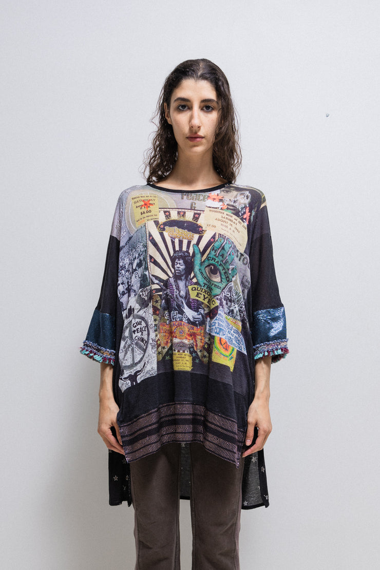 SHARE SPIRIT - Jimi Hendrix Woodstock printed tunic with hem decorations