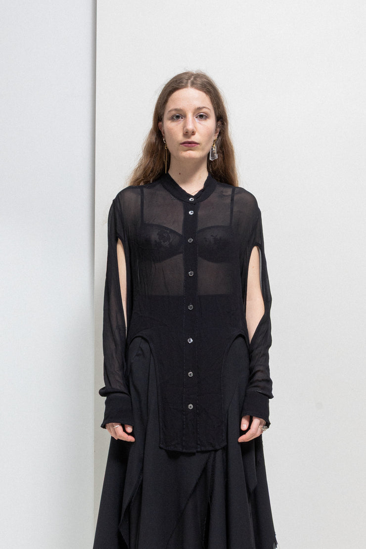 ANN DEMEULEMEESTER - SS20 See-through rayon shirt with curved
