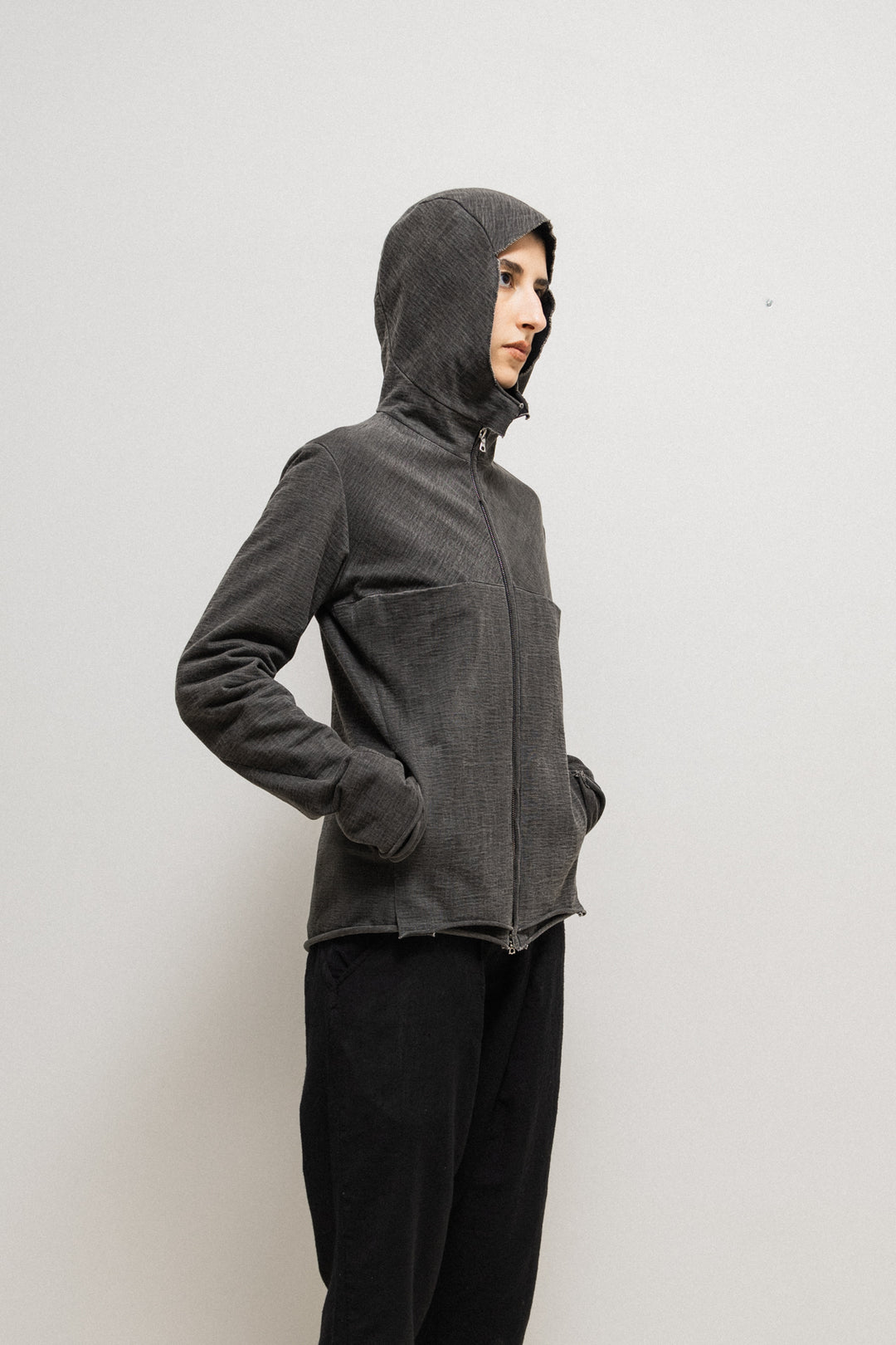 MA+ - Hooded zip up jacket with rolled hems and cuff silver