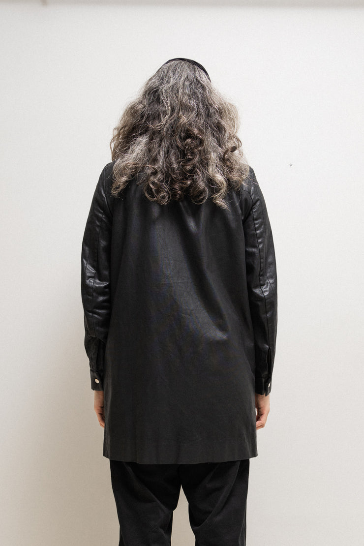 RICK OWENS - FW03 « TRUCKER » Long waxed cotton coat with pocket details