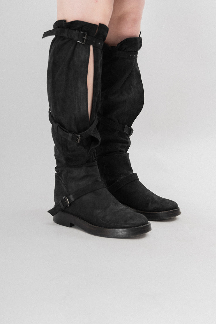 ANN DEMEULEMEESTER - SS05 Suede high open boots (runway) – L'OBSCUR