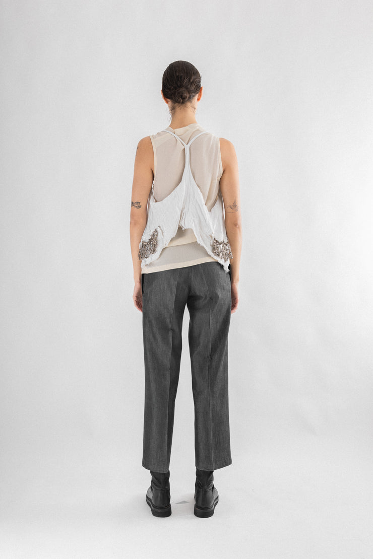 ANN DEMEULEMEESTER - SS06 White cotton vest with silver jewelry (runway)