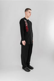 YOHJI YAMAMOTO POUR HOMME - SS21 Collarless shirt with patches and red threads details